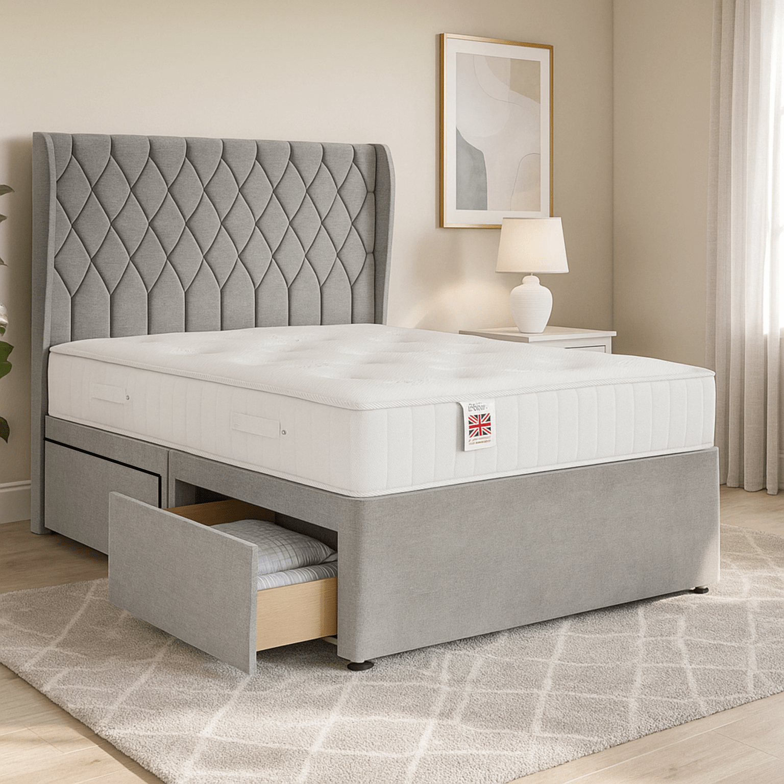 Boston Divan Bed Set with Floor Standing Winged Headboard