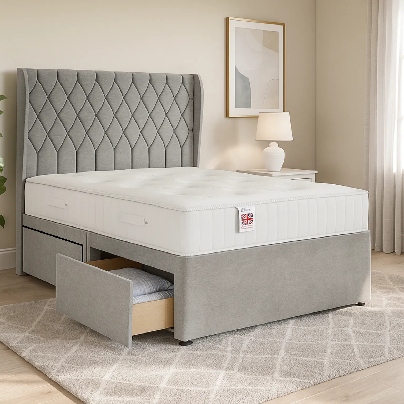 Boston Divan Bed Set with Floor Standing Winged Headboard